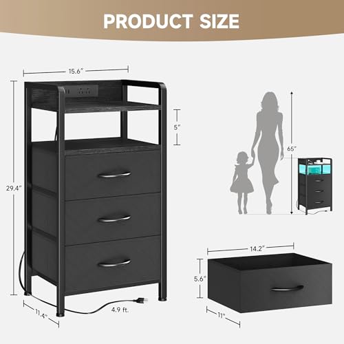 Lazzanto Black Nightstand with 3 Drawers, LED Light & Charging Station
