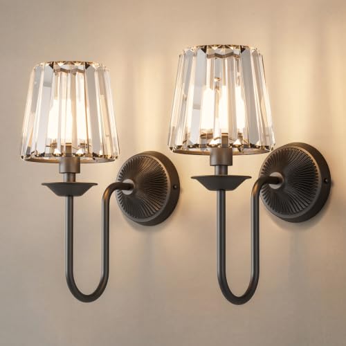 KernLite Black Wireless Dimmable Wall Sconces Set of Two with Crystal Shades and Remote