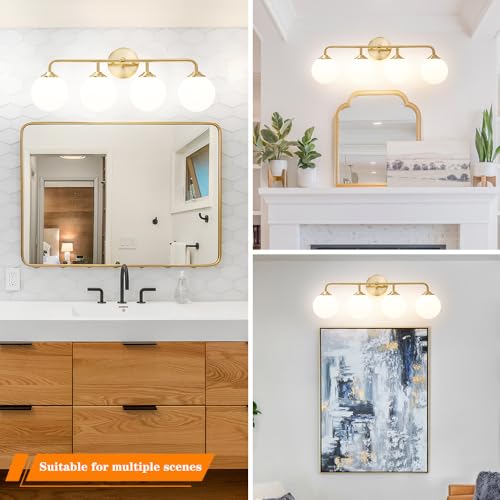 Gold 4-Light Bathroom Vanity Light Fixture with Milky White Glass Shades - Reversible Mounting