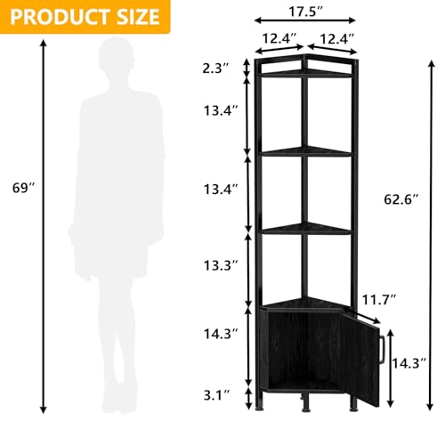 Furnulem 5-Tier Corner Shelf with LED Light - Black Oak Corner Cabinet with Doors