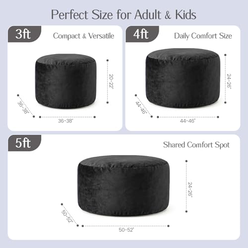 Black 4FT Memory Foam Bean Bag Chair for Adults - Soft Velvet Cover