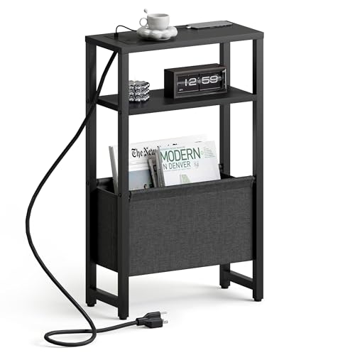 IRCPEN Black Narrow Side Table with Charging Station & Magazine Rack, 3-Tier Nightstand for Small Spaces
