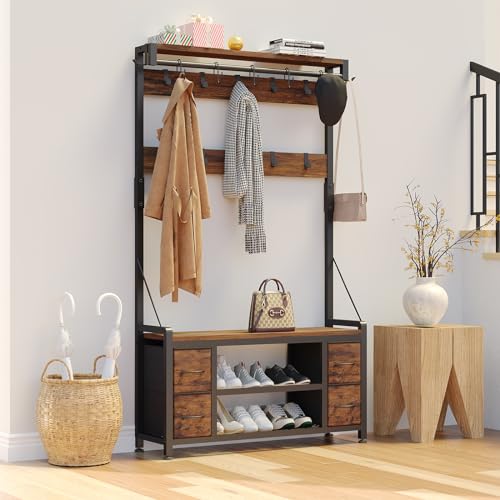 39-Inch Hall Tree with Storage Bench and Coat Rack - Rustic Brown