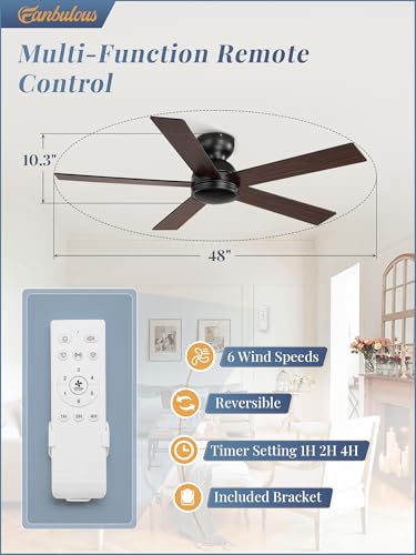 48 Inch Black Ceiling Fan No Light with Remote - Flush Mount, 6-Speed