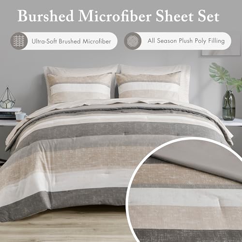 King Comforter Set Bed in a Bag - Modern Stripes, Taupe/Grey, 7 Piece California King