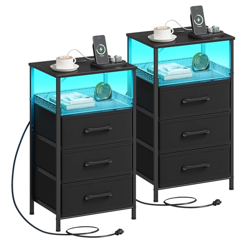 JARHETUN Nightstand Set 2 with Charging Station & RGB LED Lights, 3 Drawers, Black / Power & LED