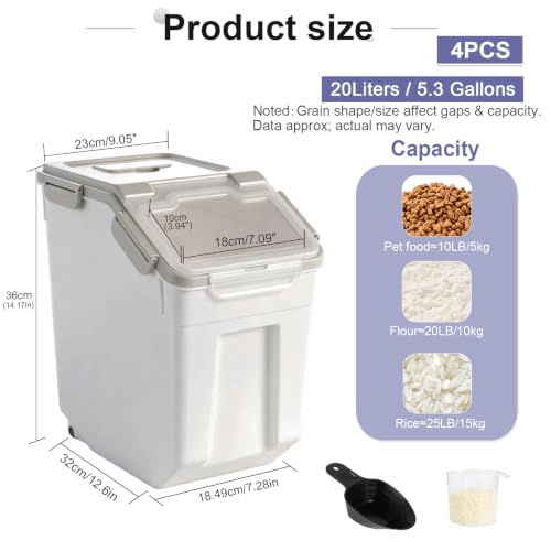 Saim 4 Pack 25lb Food Storage Bins - Grey Grain, Rice & Flour Containers