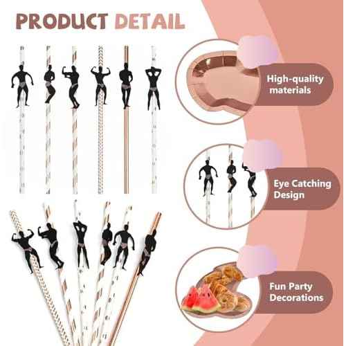 Bachelorette Party Decorations Supplies: 12 PCS Disposable Rose Gold Paper Plates with 12 PCS Bachelorette Naughty Straws, Paper Plates for Hens Girls, Sign Decorations Bridal Shower Supplies
