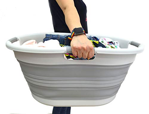 57L Collapsible Plastic Laundry Basket with Handles - Grey, Space Saving