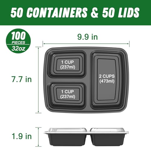 Dealusy 50 Pack 32 oz Reusable Meal Prep Containers with Lids - Black, 3-Compartment