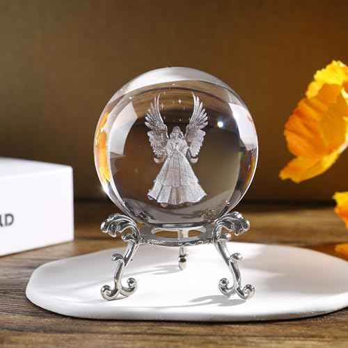 2.3in 3D Laser Guardian Angel Crystal Ball Paperweight with Stand 3D Engraving Crystal Praying Angel Gift Home Decor