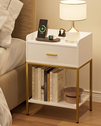 Nightstand with Charging Station - 3-Tier Bedside Table, Open Shelf & Drawer, White - Variation of THIS listing