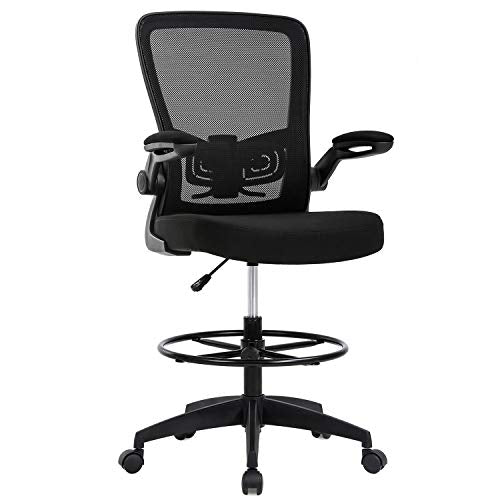 Tall Drafting Chair - Ergonomic Office Stool with Footrest - Black