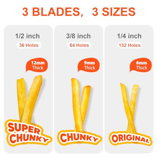 French Fry Cutter - Stainless Steel Potato Slicer with 1/4, 3/8 & 1/2 Inch Blades - Manual Vegetable Cutter with Interchangeable Blades
