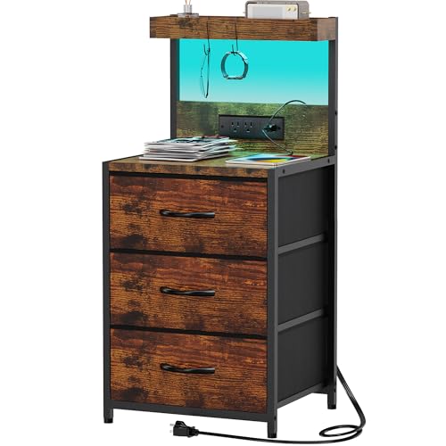 Rustic Brown LED Nightstand with Charging Station, 3 Fabric Drawers - 2 Tier