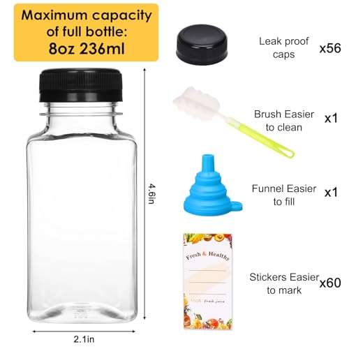 8oz Plastic Juice Bottles with Caps - 56 Pack, Reusable, Leakproof