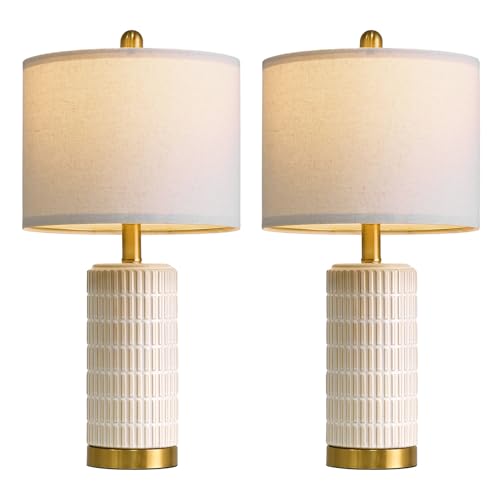 PoKat 21.5'' Small Bedside Lamp with USB Ports - White & Beige Nightstand Lamp for Bedroom & Living Room