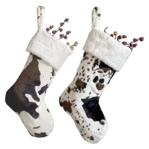 OLLULL White & Black Cow Faux Fur Christmas Stockings, Large 20 Inch, 2 Pack