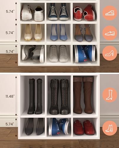 Stackable 9-Cube Shoe Organizer Rack with 2-Tier Shelf - White Wood Storage
