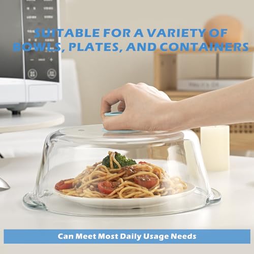 Tall Glass Microwave Splatter Cover with Blue Knob - 10 Inch Food Safe Lid