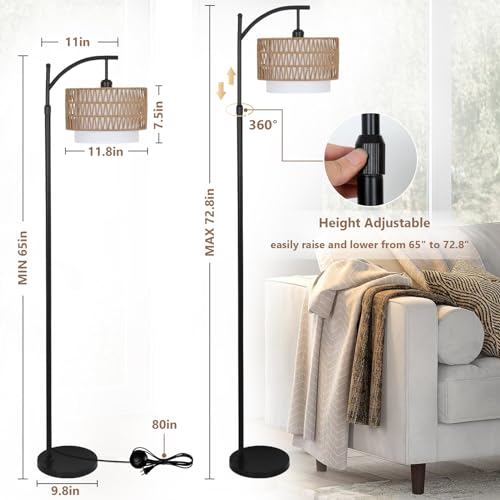 Rustic Arc Floor Lamp for Living Room & Bedroom with 3 Color Temperatures - Dimmable Boho Standing Lamp with Remote & Rattan Shade