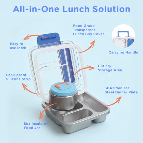 Kids & Adult Stainless Steel Bento Lunch Box Set with 8oz Insulated Food Jar - Blue