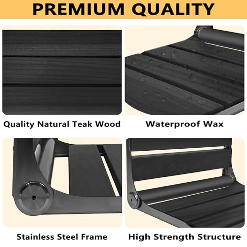 Black Folding Wall-Mounted Shower Seat with Teak Wood, 17.5x13 Inches