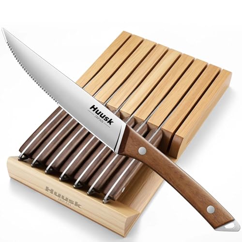 Huusk 8-Piece Steak Knife Set with Dual-Edge Blades and Wooden Block - Serrated & Straight