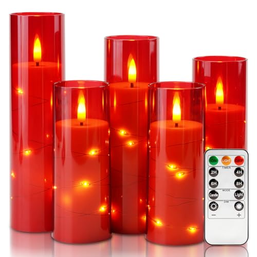 Homemory Red Flickering Flameless Candles with Remote, 5-Piece Set (2.2x5", 2.2x6", 2.2x7", 2.2x8"), 4-Timer