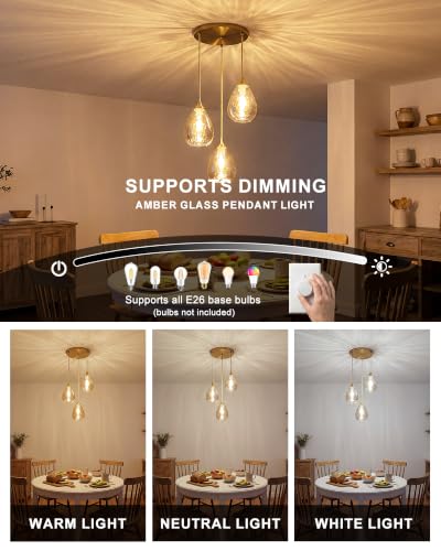 3-Light Pendant Lighting Fixture for Dining Room Modern Amber Glass Chandelier