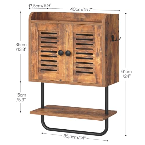 HOOBRO Wall Cabinet for Bathroom Kitchen Rustic Brown & Black, Double Doors, Towel Bar, Adjustable Shelf