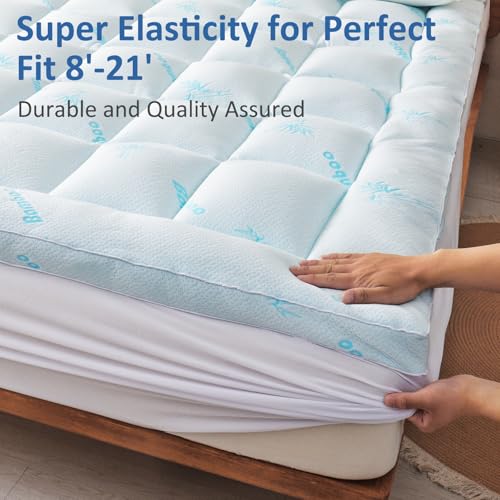 Blue King Size Bamboo Mattress Topper - Cooling Extra Thick Breathable Viscoelastc Mattress Pad with Deep Pocket