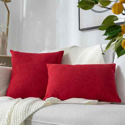 Stellhome New Year/Christmas Decorations Red Throw Pillow Covers 18 x 18 inch Square Soft Cushion Covers for Bed Couch Sofa Bench, Pack of 2