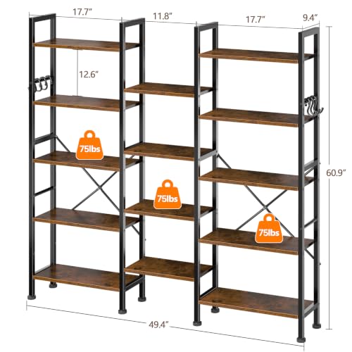 Furologee 5-Tier Rustic Brown Bookshelf with 14 Display Shelves - Triple 3-Column Design
