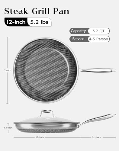 12-Inch Honeycomb Nonstick Frying Pan with Lid - Pro Version, PFAS-Free, All Cooktops