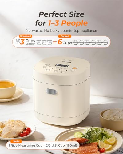 Feekaa Ivory 3-Cup Small Ceramic Coated Rice Cooker - Mini Food Steamer