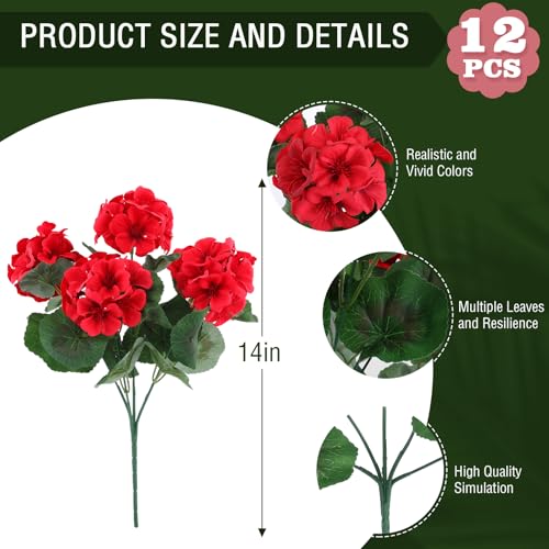 Artificial Geranium Flowers for Outdoors - Red, UV Resistant 12 Pcs Garden Decor