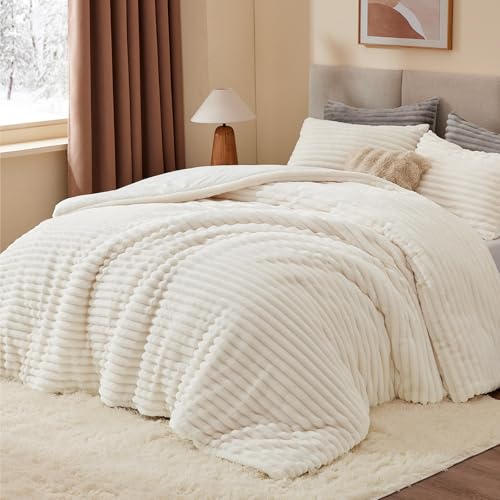 BEDELITE Queen Fleece Comforter Set Cream White - Luxury Fluffy Bed Bedding