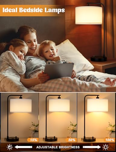Innqoo 20.7-inch Modern Dimmable Nightstand Table Lamp with USB & Outlet, Black & White Shade