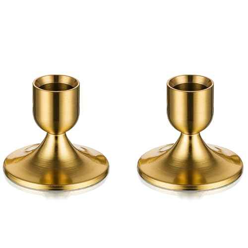 Gold Candlestick Candle Holders for Taper, 2 PCS Romadedi Gold Brass Color Candle Stick Candle Holder for Table Centerpiece, Wedding Reception, Festive Christmas Mantel Decoration or Home Decor