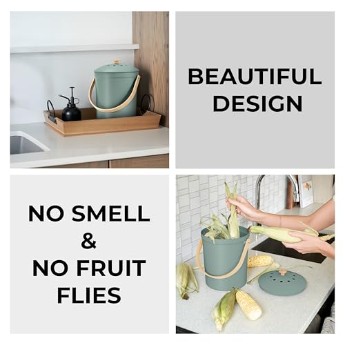 Kitchen Compost Bin with Smell Proof Lid - Sage, 1.1-Gallon Recycle Container