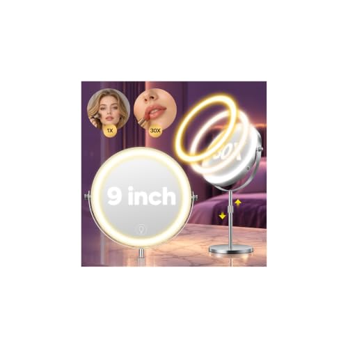 Nickel 1X/30X Lighted Makeup Mirror, 9-inch Adjustable Double-Sided Vanity with 360° Rotation