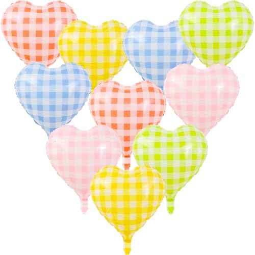 10 Pcs Red Pink Heart Grid Balloons 18 Inch Blue Green Yellow Checkered Foil Heart Balloons Helium Mylar Balloons for Girls Women Valentines Day Birthday Wedding Baby Shower Bridal Party Decorations
