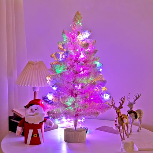 Pink Artificial Christmas Tree with Lights - 2ft Snow Flocked Mini Tree for Indoor & Outdoor Holiday Decor - Battery Operated, Wooden Stand, LED String Included