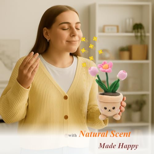 Stuffed Plant Plush Toy, Happy Face Flower Plushies Plant Pillow Decorationr with Natural Scent, Adorable Stuffed Flower for Christmas Horror Plush Halloween(1 Fower 2 Buds)