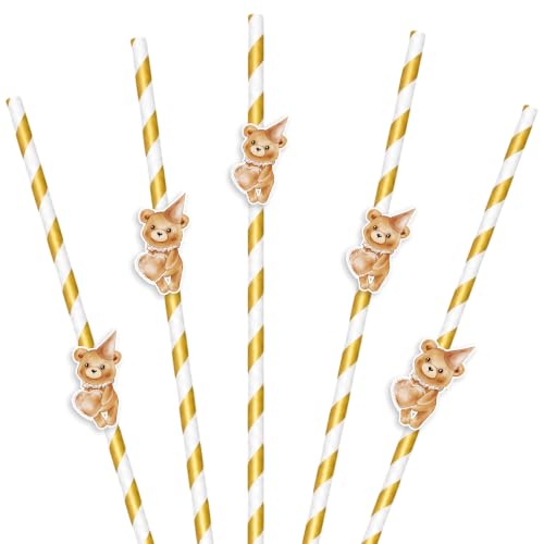 Brown 1 Pack Bear Baby Shower Paper Straws with Teddy Bear Toppers - 50pcs