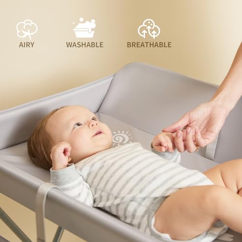 KARAOK Baby Changing Table with Wheels & Storage, Adjustable Height Portable Diaper Station