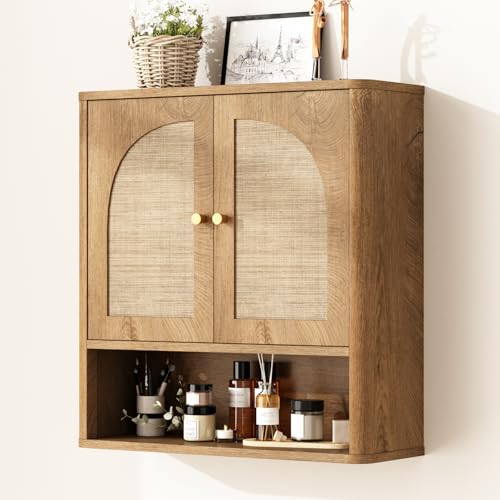 RUSTOWN Rattan Bathroom Wall Cabinet with 2 Arched Doors & Adjustable Shelf – Natural Oak