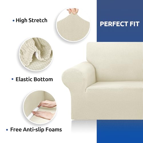 KEKUOU Beige Stretch Loveseat Couch Cover for 2 Cushions - Medium Fit