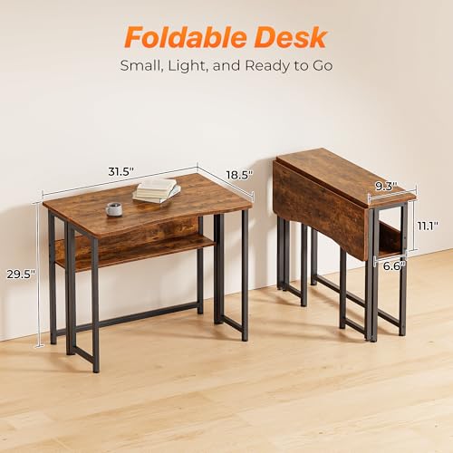 Huuger Rustic Brown 31.5 Inch Folding Desk with Storage Shelf, Compact Home Office Table